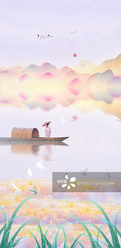 春天早晨森林山谷里江南女子划船旅游，看山水风光的中国风插画图片素材