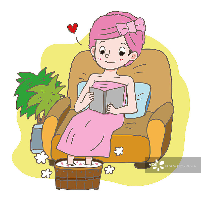 做完身体保养的东方美女在沙发上休息泡脚看书图片素材
