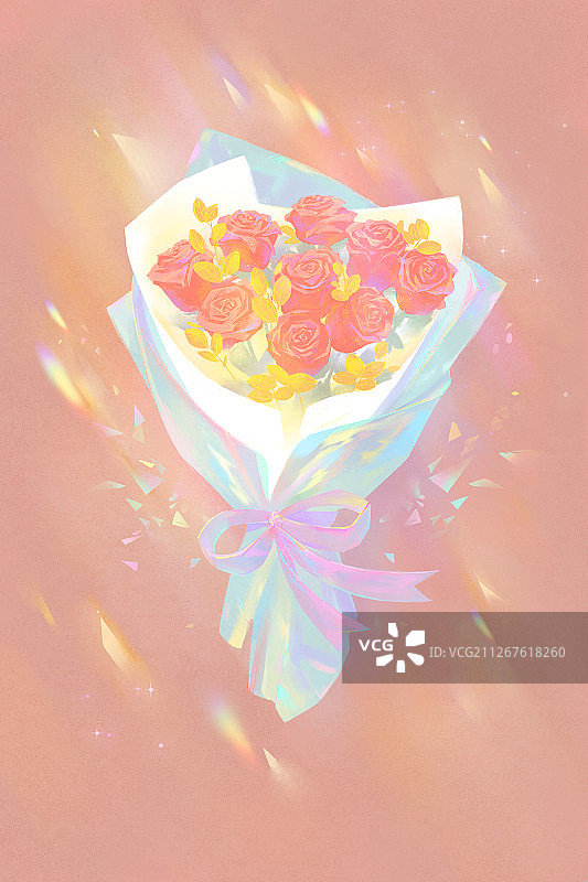 阳光下一束粉红色玫瑰花的插画图片素材
