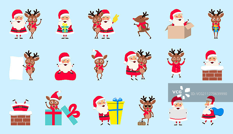 设置圣诞老人和鹿的圣诞卡通图片素材