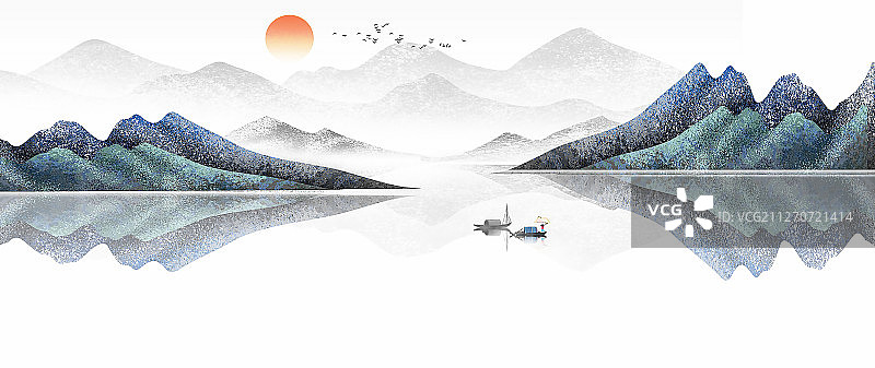 手绘中国风意境蓝色山水画新中式背景插画图片素材