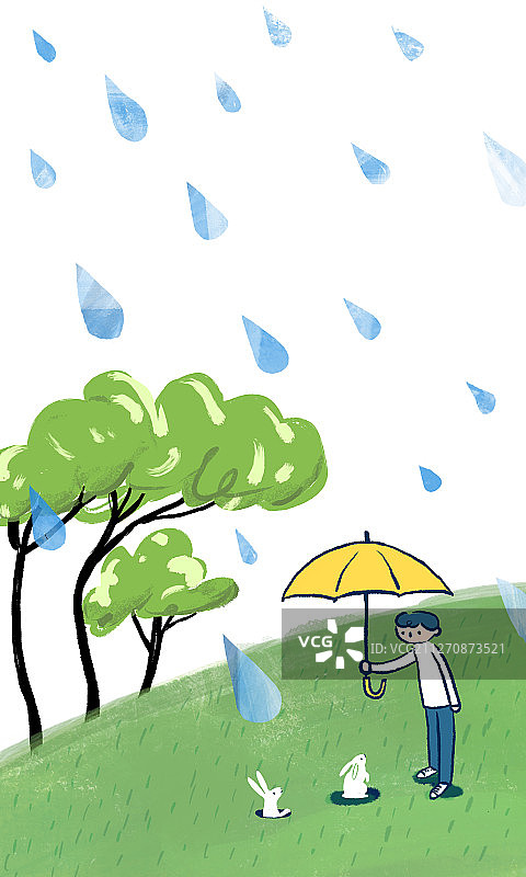 雨天户外撑伞的男孩和野兔插图手绘图片素材