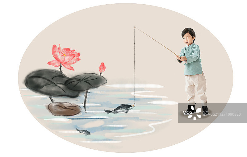 小男孩在河边钓鱼图片素材