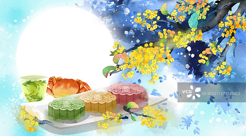 中国风中秋节月饼与螃蟹插画图片素材