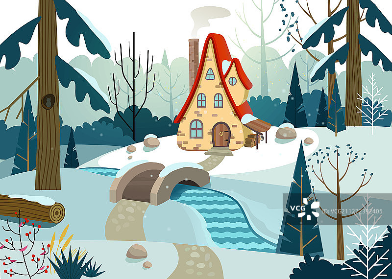 冬天的森林里有一座房子和一座桥图片素材