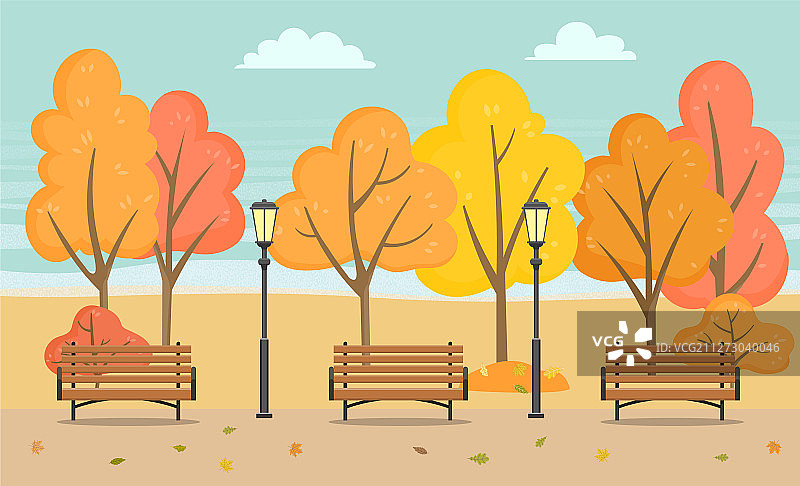 公园里的长凳和树木是秋天的季节图片素材