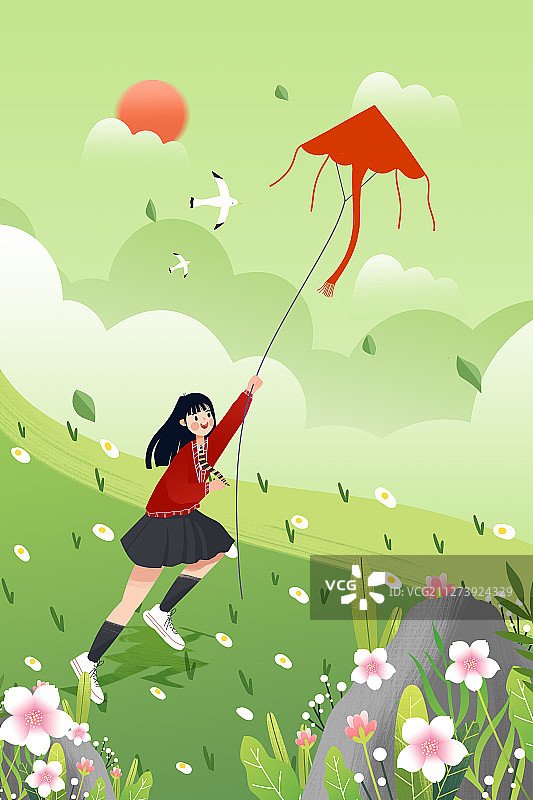 初春季节在户外放风筝的女孩图片素材