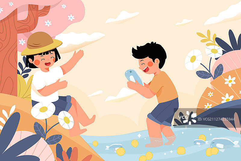 夏季幼儿夏令营儿童节快乐庆祝活动背景矢量插画图片素材