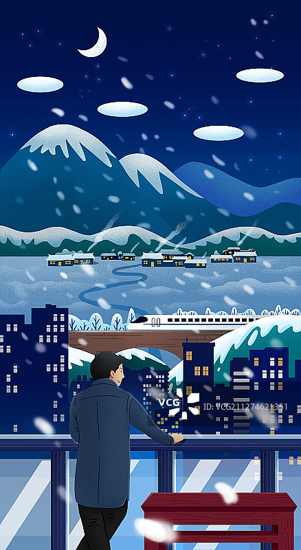 冬季夜晚观看城市夜景下雪插画图片素材