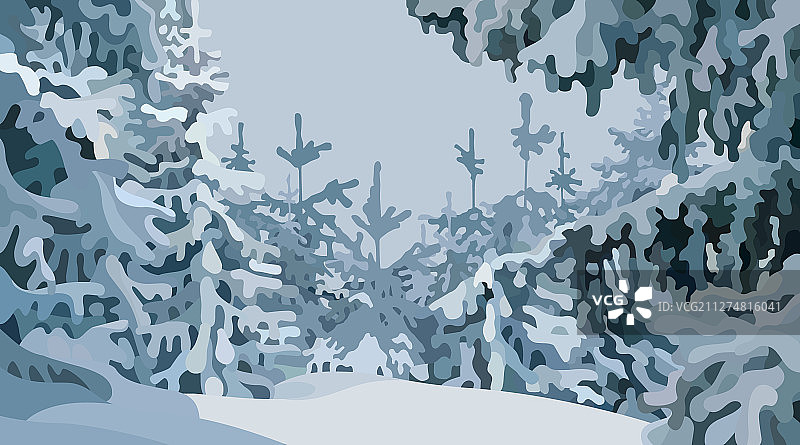 冬季卡通森林背景与雪杉木图片素材