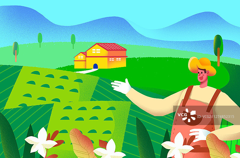 卡通手绘农民展示绿色草原田地插画图片素材