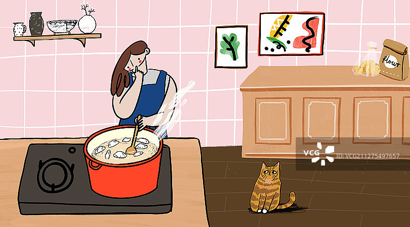 厨房里包饺子和面的女性插图图片素材