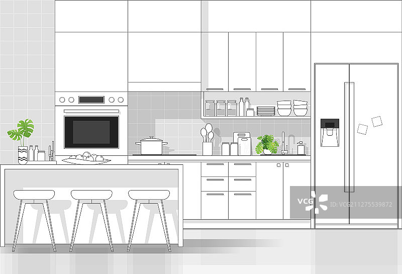 现代厨房的黑色线条草图图片素材
