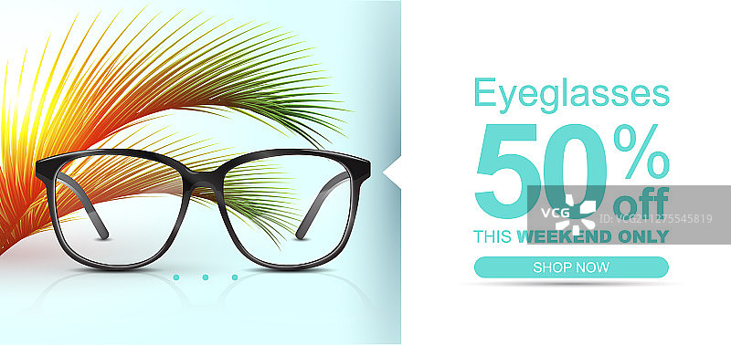 眼镜横幅概念与棕榈叶夏季图片素材