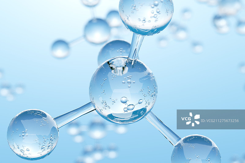 蓝色背景下的透明玻璃甲烷CH4分子模型图片素材