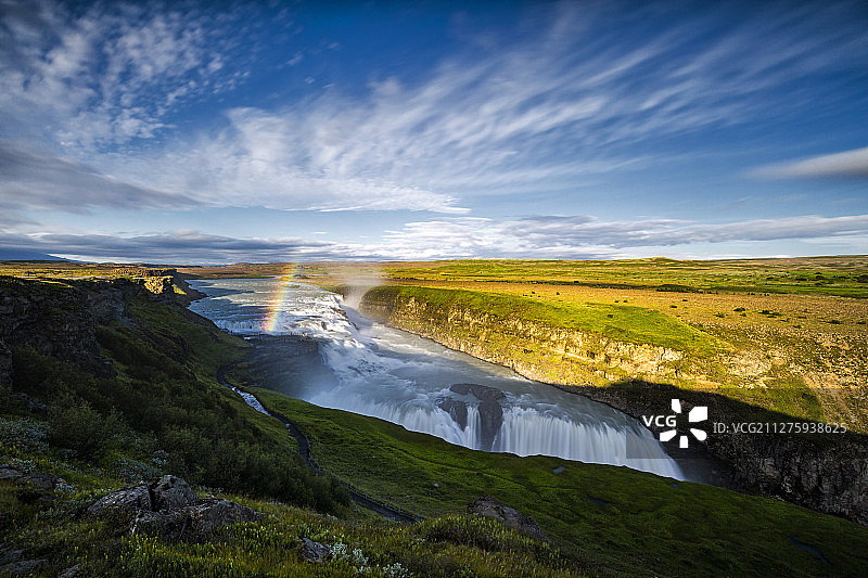 瀑布彩虹蓝天白云壮观彩虹旅游欧洲冰岛图片素材