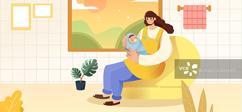卡通手绘妈妈抱着婴儿插画图片素材