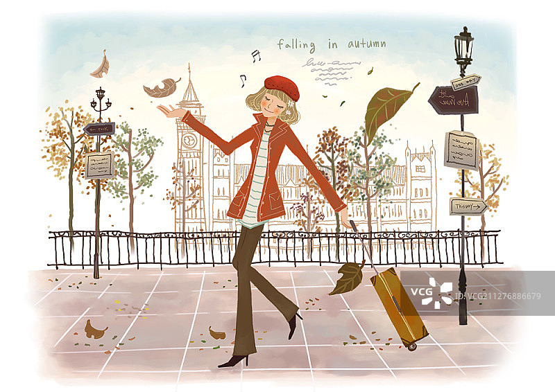 在秋天的插图中，一个女人背着行李走在桥上图片素材