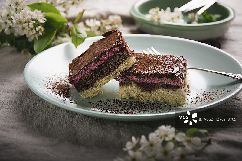 素食烤蛋糕，以香草和巧克力为基础，酸樱桃，酸樱桃奶油和黑巧克力釉图片素材