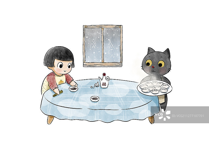 水彩风格的女孩和猫冬季吃饺子图图片素材
