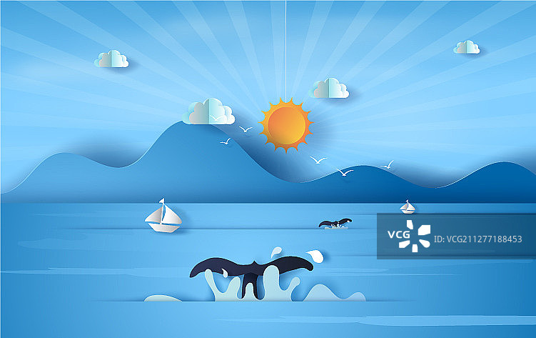 3d尾鲸在海景阳光蓝色图片素材