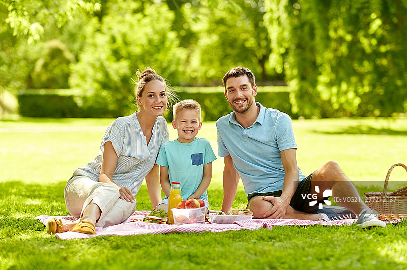家庭、休闲、人的概念——快乐的妈妈、爸爸和小儿子在夏季公园野餐的写真。全家福在夏季公园野餐图片素材