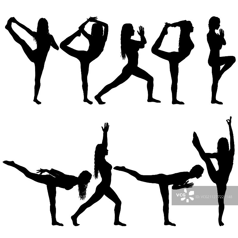 设置剪影女孩在瑜伽课上的姿势在一个白色的背景上。在白色背景上设置瑜伽课上的剪影女孩图片素材