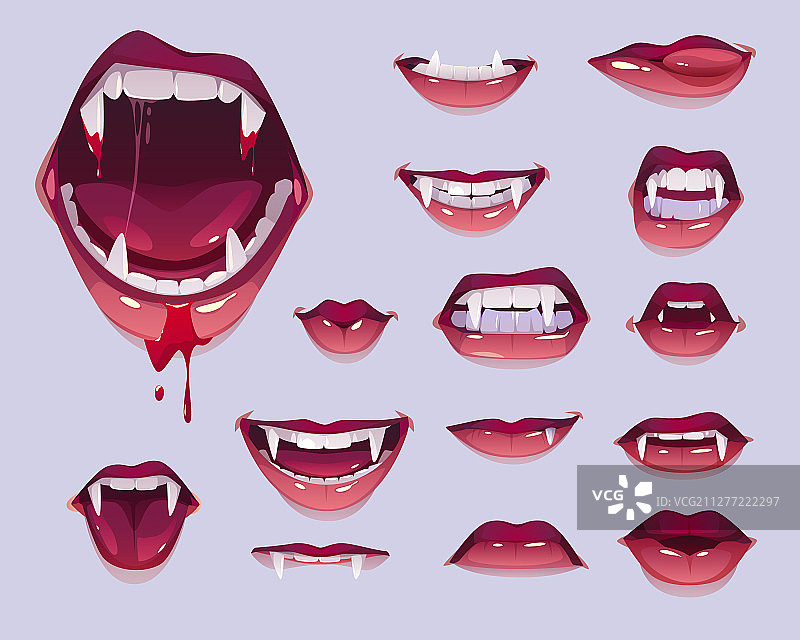 吸血鬼长着尖牙的嘴，让女性的嘴唇变得鲜红图片素材
