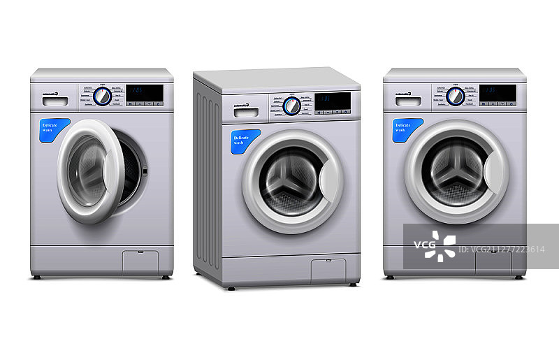 现实的三洗衣机与开放和关闭的前门隔离在白色背景矢量插图。洗衣机现实套装图片素材