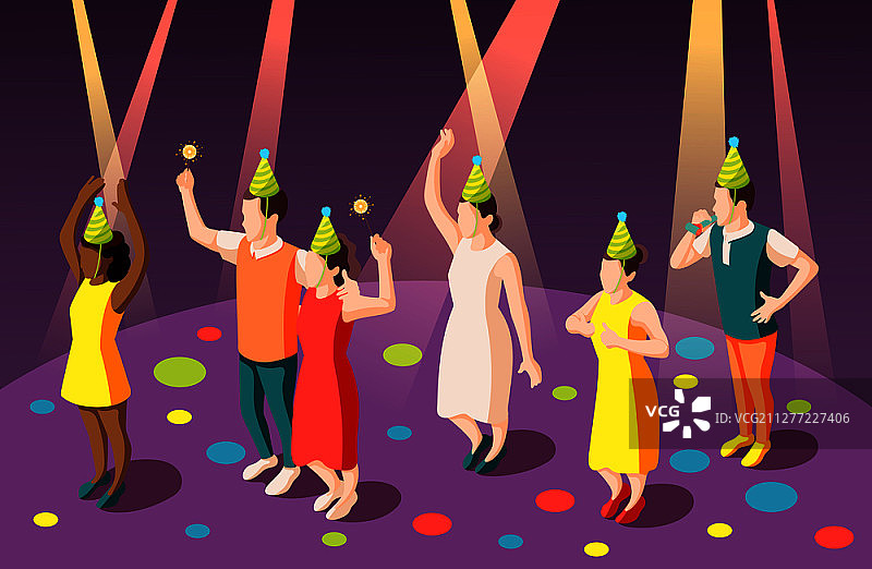 生日派对等距构图与滑稽的人在小丑帽子在聚光灯矢量插图图片素材