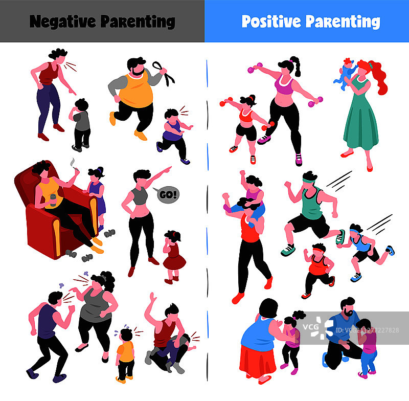 育儿等距图标集描绘积极和消极的方式，抚养孩子3d孤立矢量插图图片素材