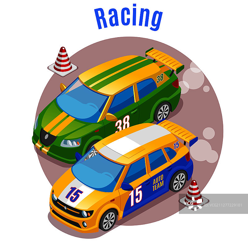 赛车运动概念赛车赛道和圆锥符号等角矢量插图图片素材