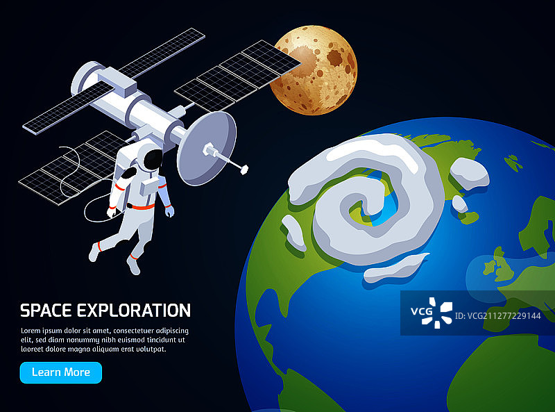 空间探索等距背景与文字了解更多按钮和图像太空行走宇航员和卫星矢量插图图片素材