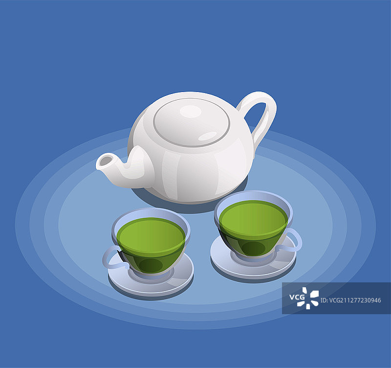 白色陶瓷茶壶和两杯新冲泡的绿茶等距构图蓝色背景矢量插图图片素材