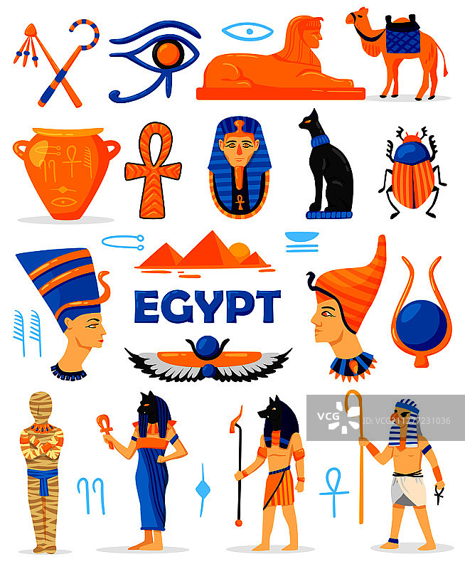 埃及颜色孤立的涂鸦字符与神和朝拜者，古代衣服，文物和象形文字矢量插图图片素材