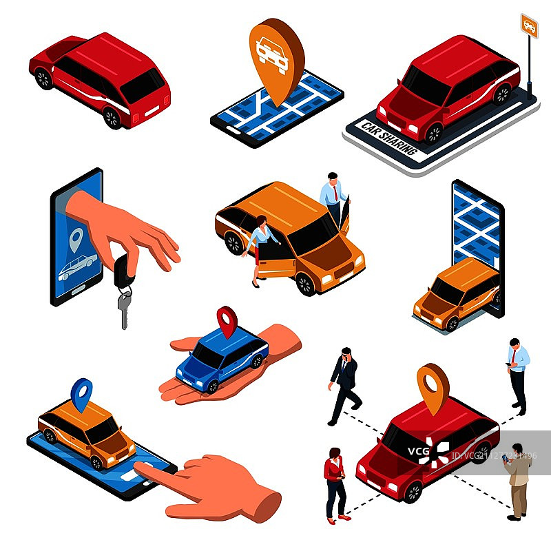 汽车共享服务等距图标设置与移动智能手机应用程序选择自动递钥匙符号矢量插图图片素材