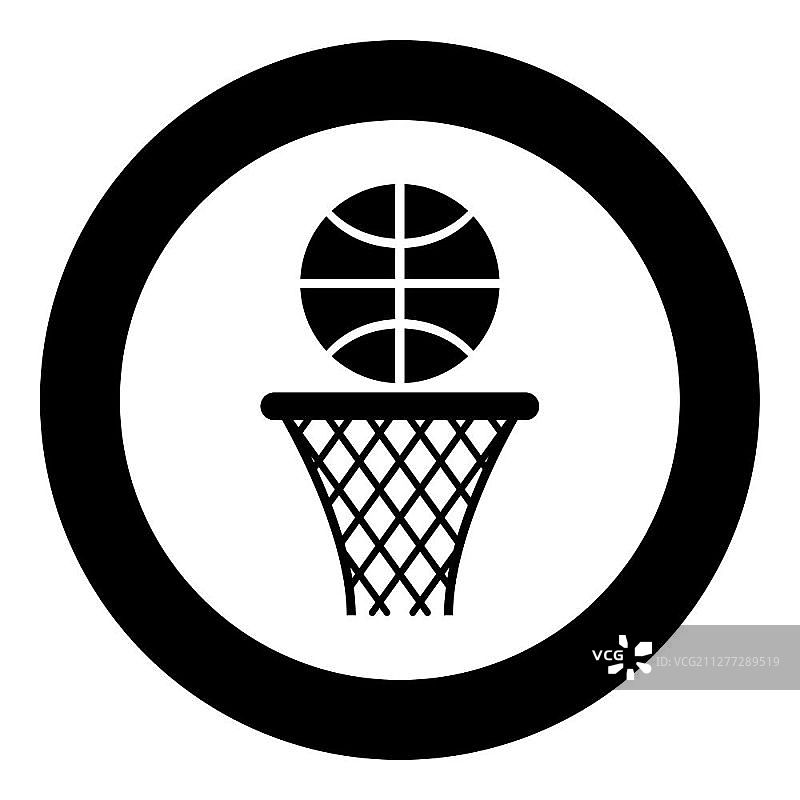 篮球篮和球篮网和球的图标在圆圈圆形黑色矢量插图平面风格简单的形象。篮球篮和球篮网和球的图标在圆圈圆形黑色矢量插图平面风格的形象图片素材