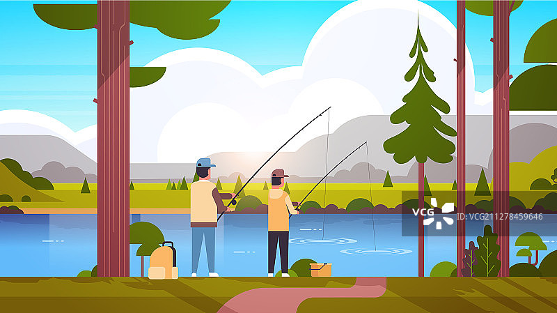 父亲和儿子一起钓鱼后视镜男人图片素材