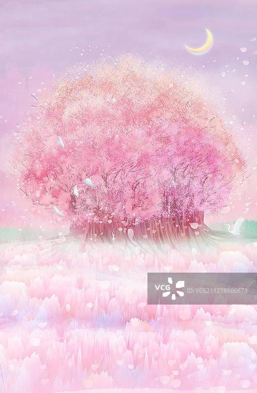 一棵茂盛的樱花树生长在山坡草坪上插画背景图片素材
