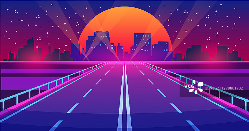夜晚的城市道路未来的高速公路与霓虹灯图片素材