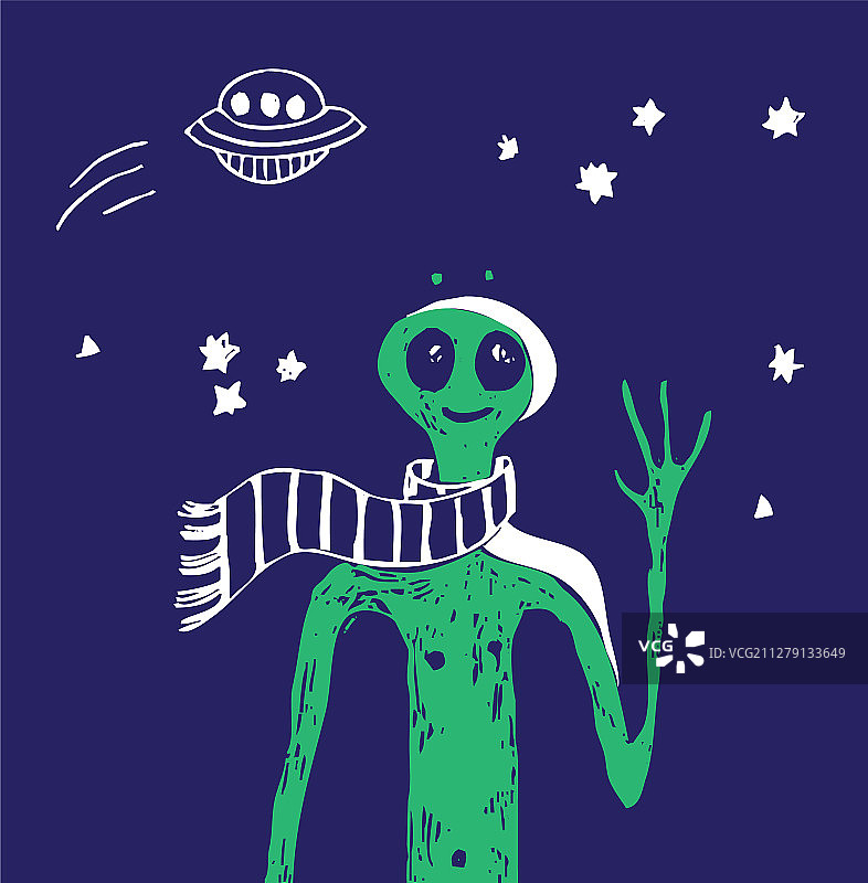 蓝色太空不明飞行物外星人星星绿色人海报图片素材