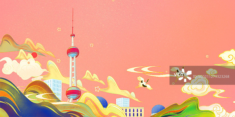敦煌壁画国潮风插画上海东方明珠地标建筑中国都市风景画图片素材