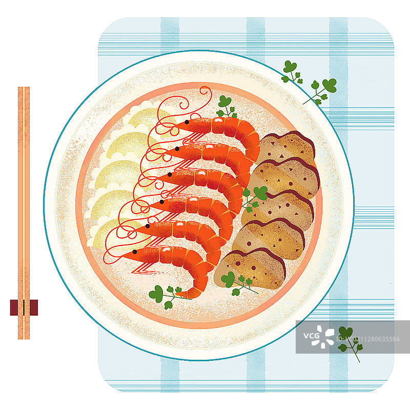 扁平噪点风格食物：牛排大虾图片素材