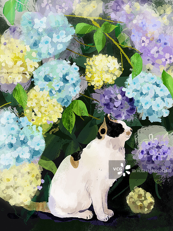 绣球花花丛中的猫咪水彩插图图片素材