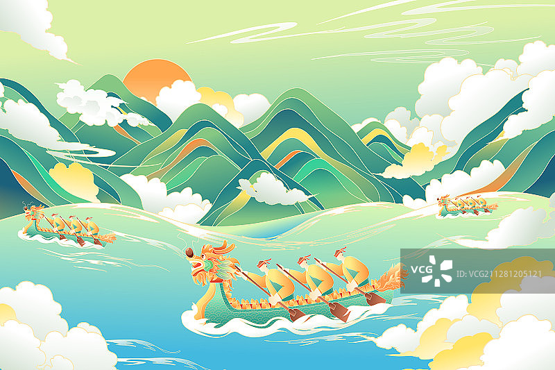 端午节赛龙舟划船中国风传统节日习俗背景矢量插画图片素材