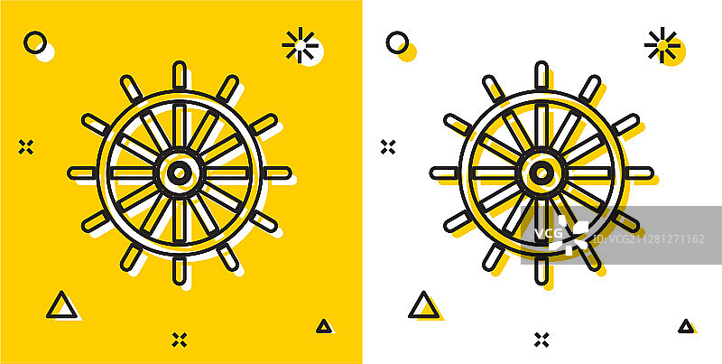 黑色船只方向盘图标孤立在黄色上图片素材
