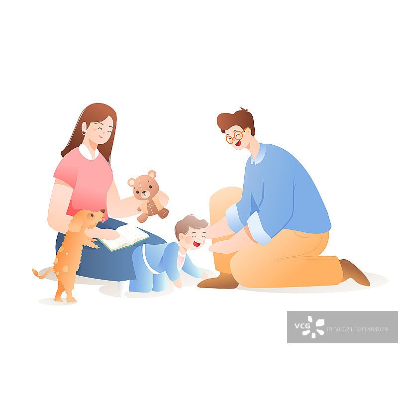 夏季家人宝宝爬行居家活动玩乐亲子互动矢量插画图片素材