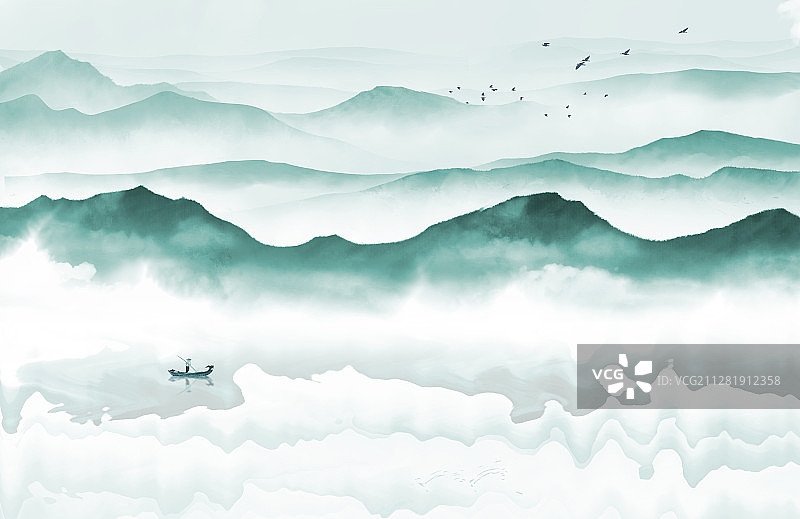 新中式淡雅山水插画图片素材