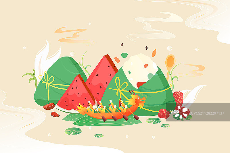 端午节西瓜夏季粽子赛龙舟送礼包装礼盒设计中国风矢量插画图片素材