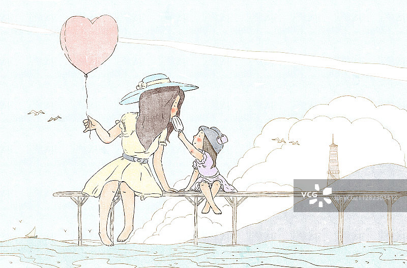 孩子和妈妈在海边度假插画图片素材